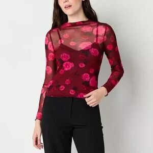 Mesh Dark Red & Pink Roses Top with Cami set. sz S. Y2k. Goth. Vamp. Dark Floral